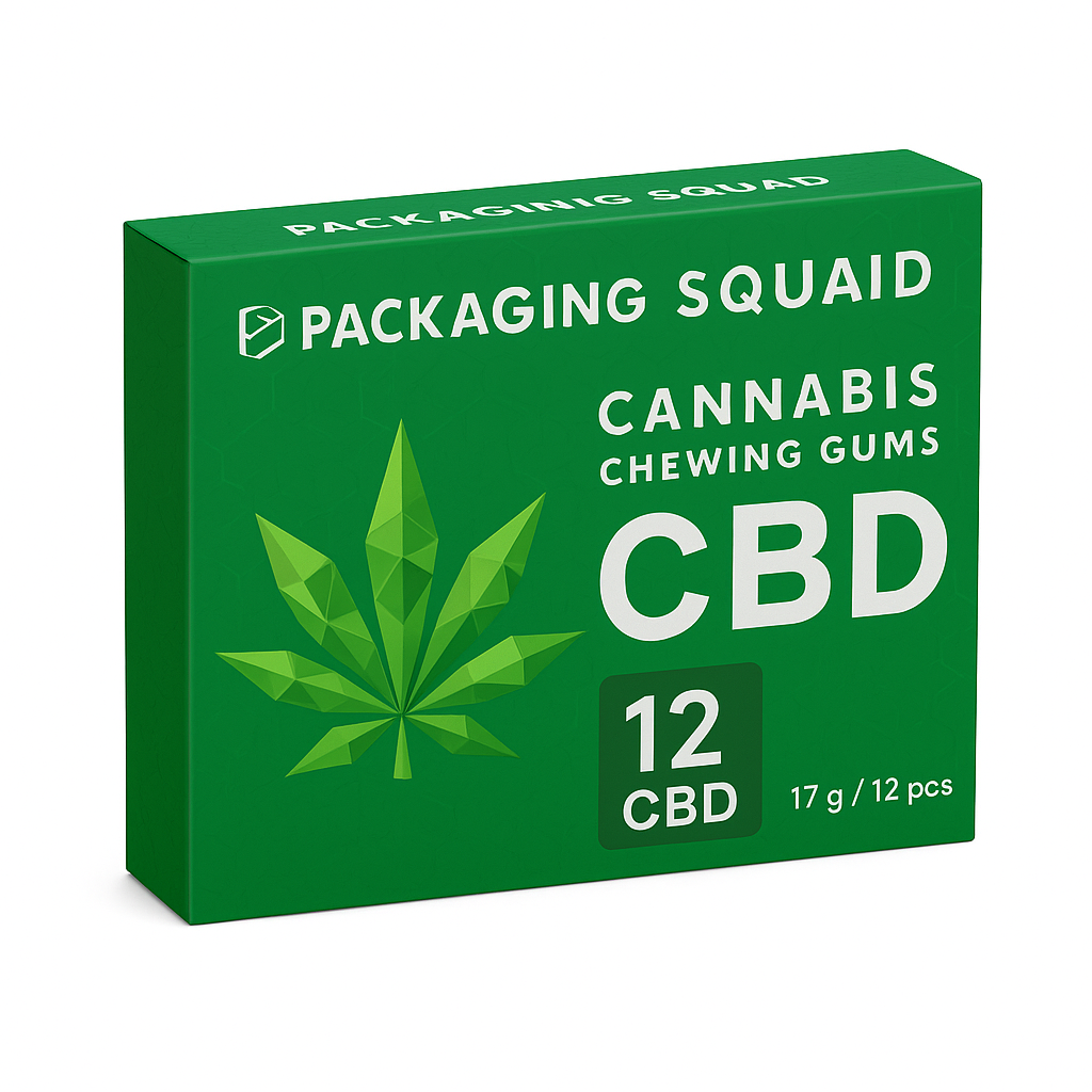 image of custom cannbis boxes - A Green box of CBD cannabis chewing gums featuring a polygonal marijuana leaf design, labeled with "12 CBD" and net weight details.