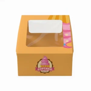 Image of Custom Bakery boxes product - Orange cupcake box with a clear top and colorful frosting design, featuring a "Cupcake Kartin" logo on the front.