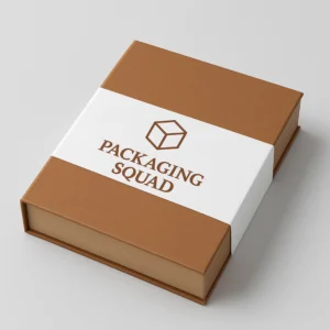 A closed brown cardboard box with a white band labeled "PACKAGING SQUAD" in brown text. The design includes a simple cube graphic, conveying a clean, professional look.
