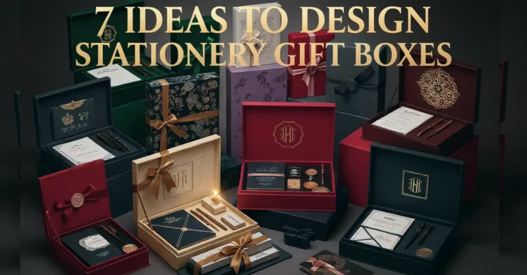 A featured image for a blog post titled "7 Ideas to Design Stationery Gift Boxes." The image displays a collection of custom-designed stationery gift boxes in the foreground, with other beautifully wrapped gift boxes visible in a blurred background. The composition highlights the different design possibilities for stationery packaging while setting a creative and inspiring tone.