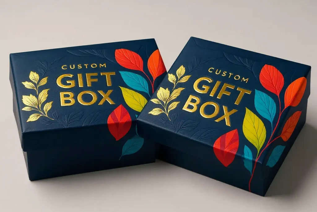A pair of dark blue custom gift boxes are shown with a vibrant, colorful leaf pattern. The text "CUSTOM GIFT BOX" is prominently displayed in gold foil stamping, with a decorative leaf design also in gold. The boxes are slightly offset from each other, highlighting the elegant design and premium feel.