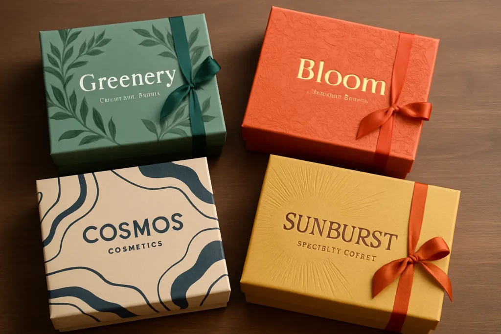 An overhead view of four rectangular custom gift boxes on a wooden surface. Each box is a different color and design. The top-left box is green with a leafy pattern and a green ribbon, labeled "Greenery." The top-right box is orange with a red ribbon, labeled "Bloom." The bottom-left box is off-white with a blue wave pattern, labeled "Cosmos Cosmetics." The bottom-right box is yellow with an orange ribbon and a sunburst design, labeled "SUNBURST."