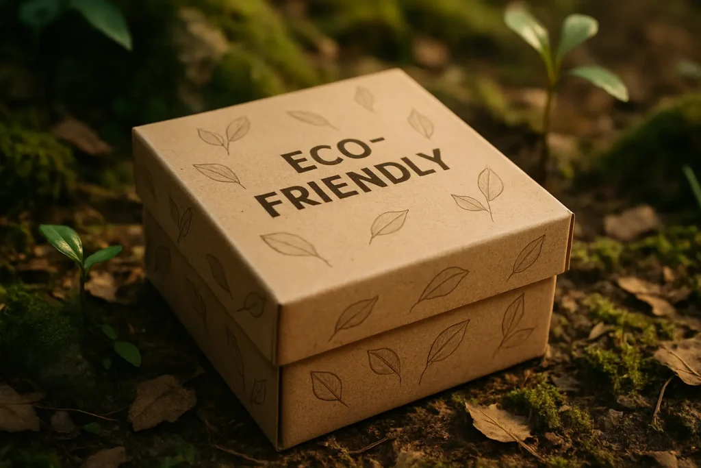 A small, square, brown cardboard box with a lid that has a repeating leaf pattern and the words "ECO-FRIENDLY" printed on it. The box is sitting on a mossy forest floor with small plants and fallen leaves around it.