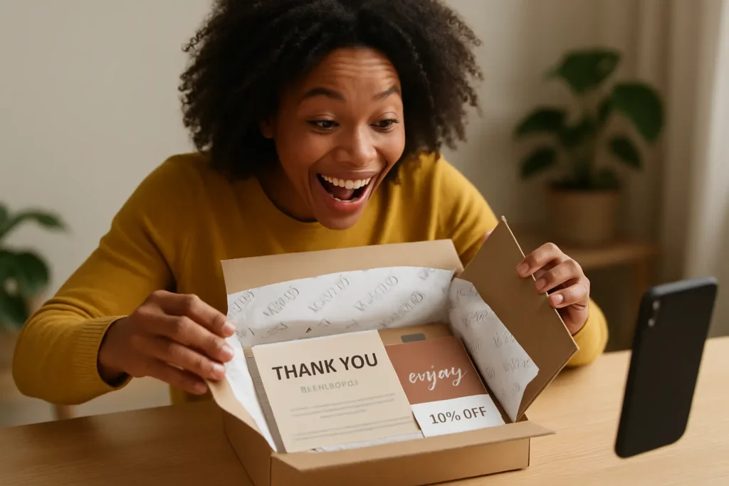 A happy woman with a surprised expression is unboxing a custom-branded gift box. The box contains a "Thank you" card and a "10% OFF" coupon. A smartphone is visible on the table, suggesting she is recording the unboxing experience.