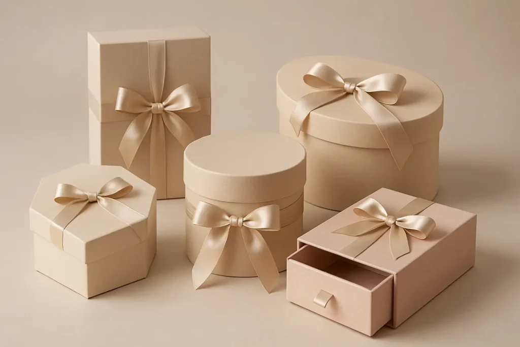 A collection of five elegant gift boxes in various shapes (square, octagonal, round, and drawer-style) and a soft cream color. Each box is decorated with a matching satin ribbon tied in a bow, giving a luxurious and neutral aesthetic.