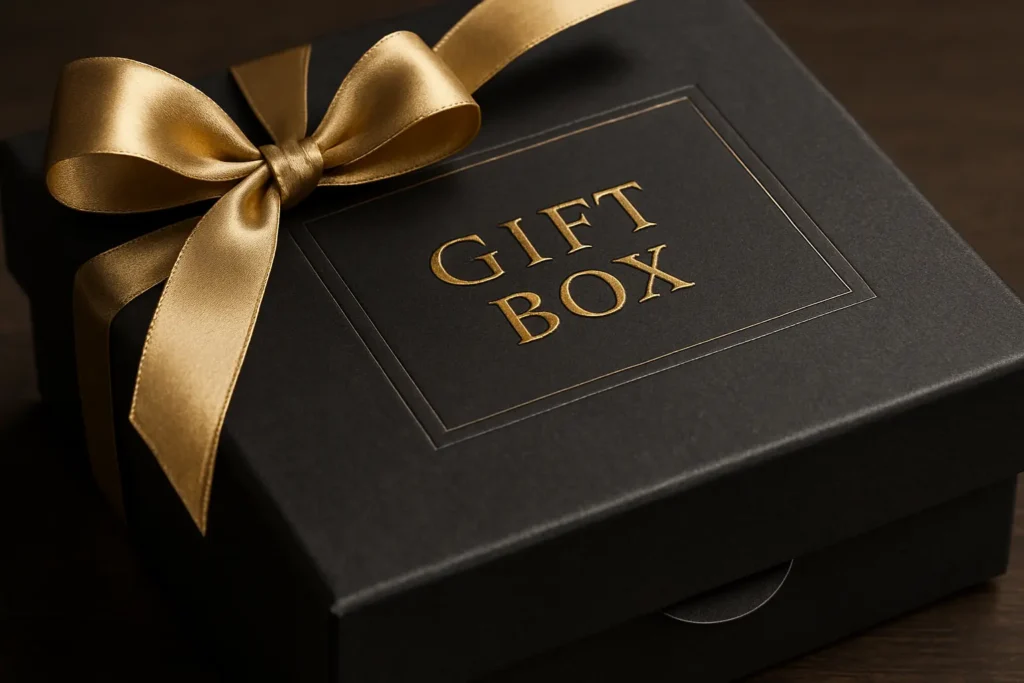 A close-up shot of a luxurious black gift box with a shiny gold ribbon tied in a bow. The lid is decorated with the words "GIFT BOX" in gold foil stamping within a rectangular border.