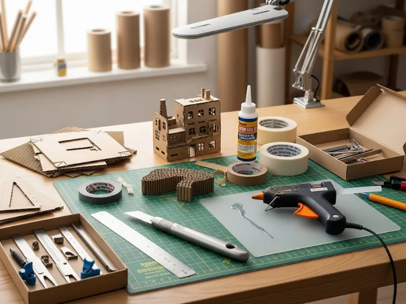 DIY cardboard crafting workspace with corrugated sheets, glue gun, cutting tools, rulers, brushes, and clamps for creative packaging and art projects.