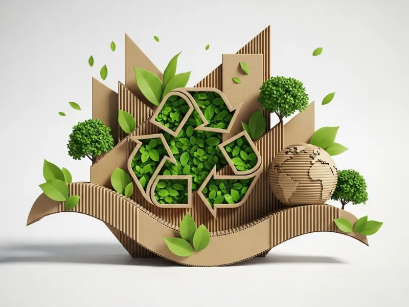 friendly concept artwork made from corrugated cardboard featuring a recycling symbol filled with green leaves, cardboard structures, trees, and a cardboard globe, symbolizing sustainability and environmental responsibility.