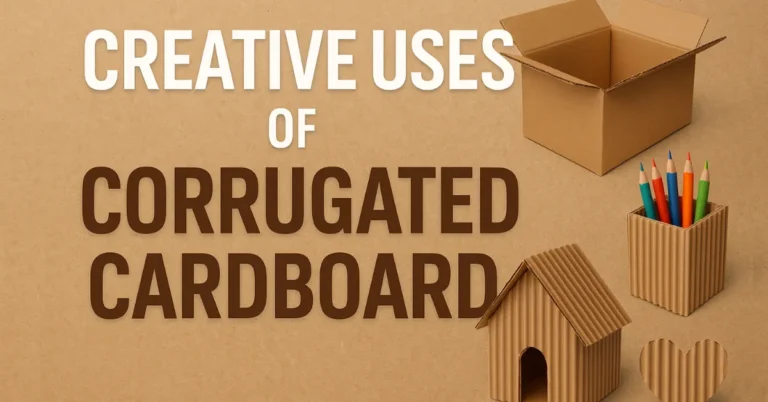 Creative and eye-catching blog featured image showcasing “Creative Uses of Corrugated Cardboard” with modern graphic design elements, cardboard textures, eco-friendly icons, and bold typography for a professional and clickable look.