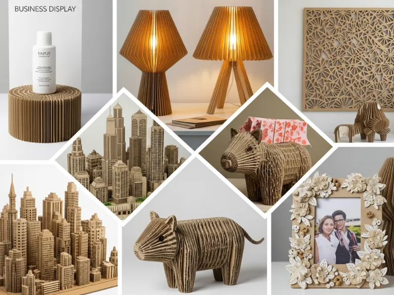 Creative cardboard art and crafts including lamps, miniature city buildings, animal sculptures, decorative frame, and wall art made from corrugated cardboard.