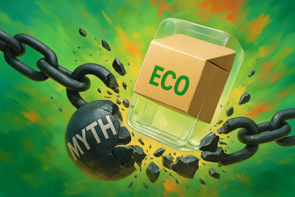 A broken chain and a ball labeled "MYTH" shatter against an eco-friendly box, symbolizing the destruction of environmental misconceptions.