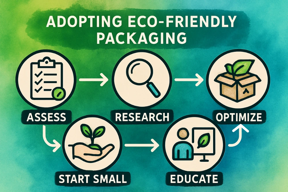 Infographic titled "Adopting Eco-Friendly Packaging," outlining five steps: Assess, Research, Optimize, Educate, and Start Small, with visuals.