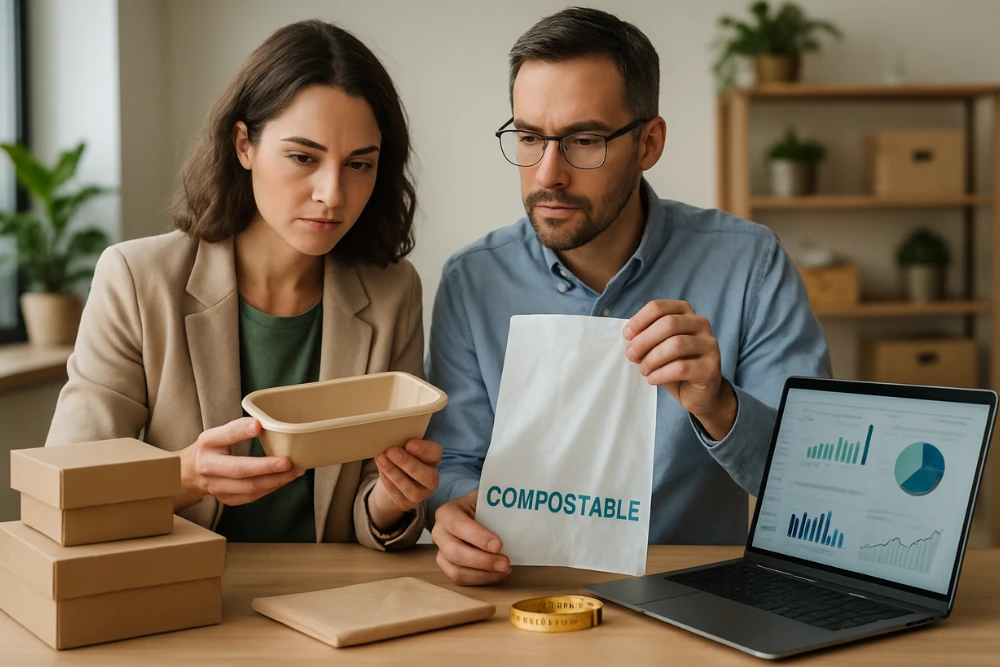Two people discuss sustainable packaging options, showcasing a compostable container and a bag, with graphs displayed on a laptop. discussing about eco friendly packaging.