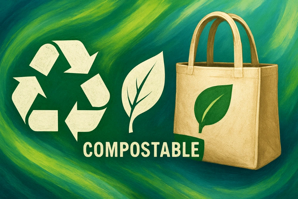 Illustration of a recycling symbol, a leaf, and a compostable bag with the word "COMPOSTABLE" on a green abstract background.