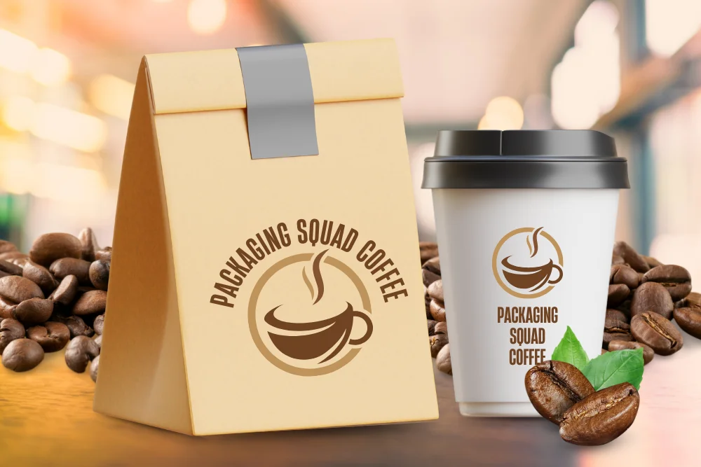 A takeout coffee cup and a kraft paper bag, both branded with "Packaging Squad Coffee," surrounded by roasted coffee beans.