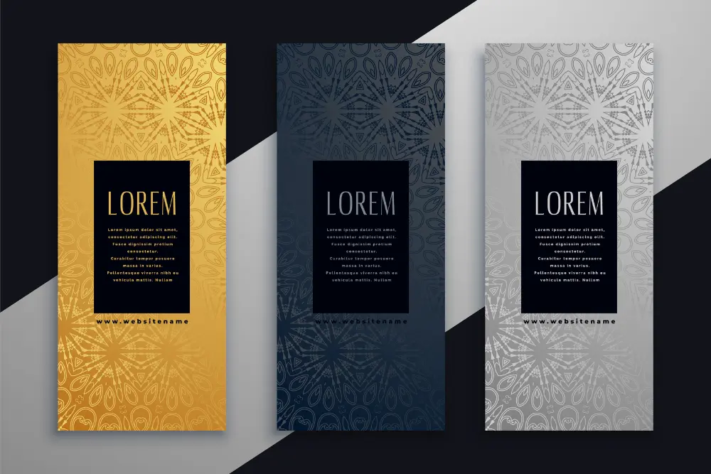 This image displays three decorative brochures in gold, navy, and silver with intricate patterns. While not directly perfume-related, they represent high-end branding and design. This visual suggests the level of luxury and aesthetic detail that a perfume brand can achieve. It reinforces the idea that using rigid boxes is part of a larger strategy to create a cohesive, premium brand identity that a customer will remember.