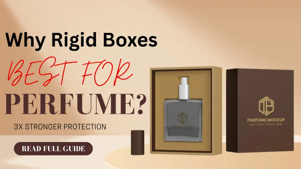 This image serves as a blog post header. It features the bold headline "Why Rigid Boxes BEST FOR PERFUME?" with a perfume bottle and a corresponding box mockup. The tagline "3X STRONGER PROTECTION" directly addresses a key benefit. This graphic effectively introduces the article's main argument, instantly communicating to the reader how rigid boxes are a better option for your perfume brand due to their superior protective qualities. This image used as a featured image of "How Are Rigid Boxes a Better Option for Your Perfume Brand? ".