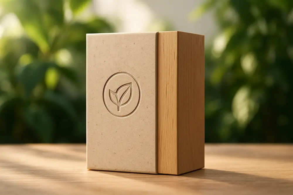 This image shows a beautifully designed, eco-friendly rigid box with a unique combination of materials. One side is a natural light wood, and the other is a simple kraft paper-like material with an embossed leaf logo. This visual demonstrates that rigid boxes don't have to be traditional. They can be customized with sustainable materials to align with modern brand values, proving they are a versatile option for a conscious perfume brand