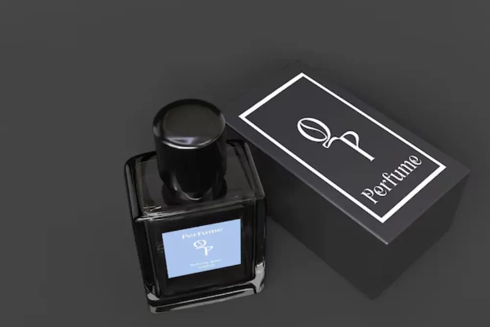 This is a 3D rendering of a black, modern perfume bottle alongside its matching rigid box. The packaging features a clean, simple logo design. This image is valuable because it shows how a perfume brand can achieve brand consistency and a polished, professional look across both the product and its packaging. The seamless design highlights how a rigid box can serve as a powerful branding tool.