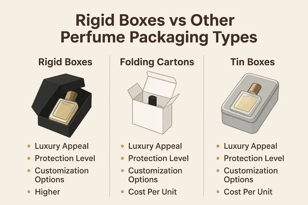 This is a comparison chart titled "Rigid Boxes vs Other Perfume Packaging Types." It visually breaks down the advantages of rigid boxes against folding cartons and tin boxes. It highlights that rigid boxes offer a "Higher" level of "Luxury Appeal," "Protection Level," and "Customization Options," making it a powerful visual tool to directly answer the question of how rigid boxes are a better option for your perfume brand.