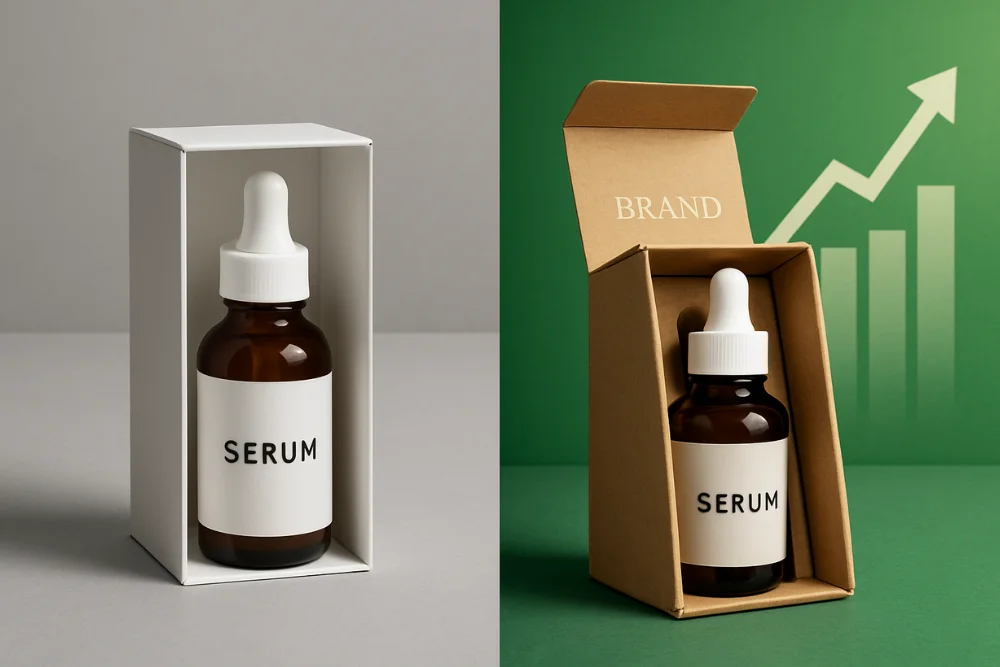 A split-screen comparison showing two packaging options for a "SERUM" bottle. The left side features a clean, white cardboard box with a minimalist design on a gray background. The right side shows an eco-friendly brown kraft box with the word "BRAND" printed inside the lid. This side is set against a green background with a rising graph and arrow, symbolizing business growth and success achieved through sustainable packaging.