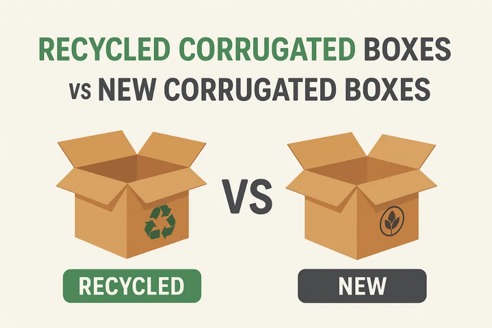 Visual infographic showing the key differences between recycled corrugated boxes and new corrugated boxes, including factors like cost, strength, eco-friendliness, and brand image to help businesses choose the right packaging option.