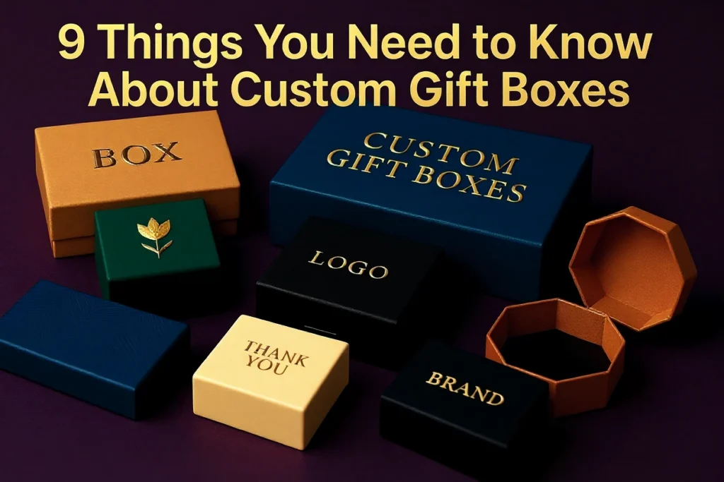 A flat lay image of various custom gift boxes of different colors and sizes on a dark background. The image has a large heading that reads "9 Things You Need to Know About Custom Gift Boxes." The boxes are labeled with text such as "BOX," "CUSTOM GIFT BOXES," "LOGO," "THANK YOU," and "BRAND