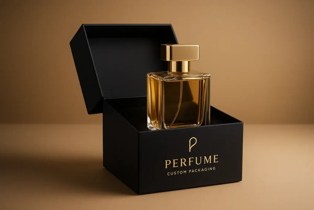 Image of Custom Printed Perfume Boxes - A stylish perfume bottle in a sleek black box, featuring gold accents, set against a warm, neutral background.