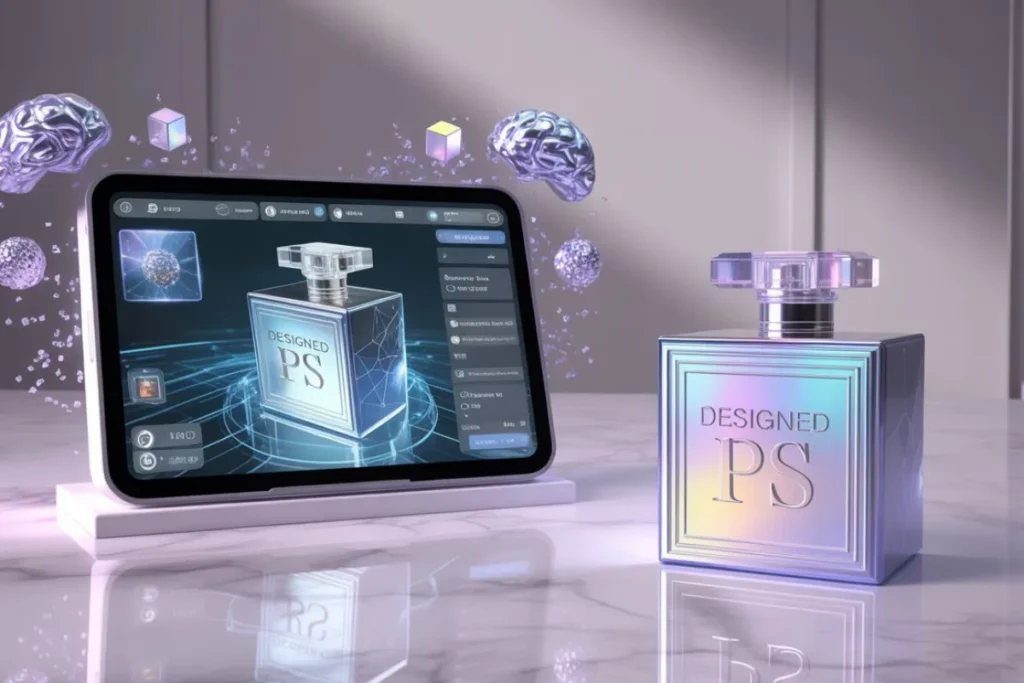 A tablet displays a digital design of a perfume bottle labeled "Designed PS" on a marble surface. Holographic brains and cubes float around it.